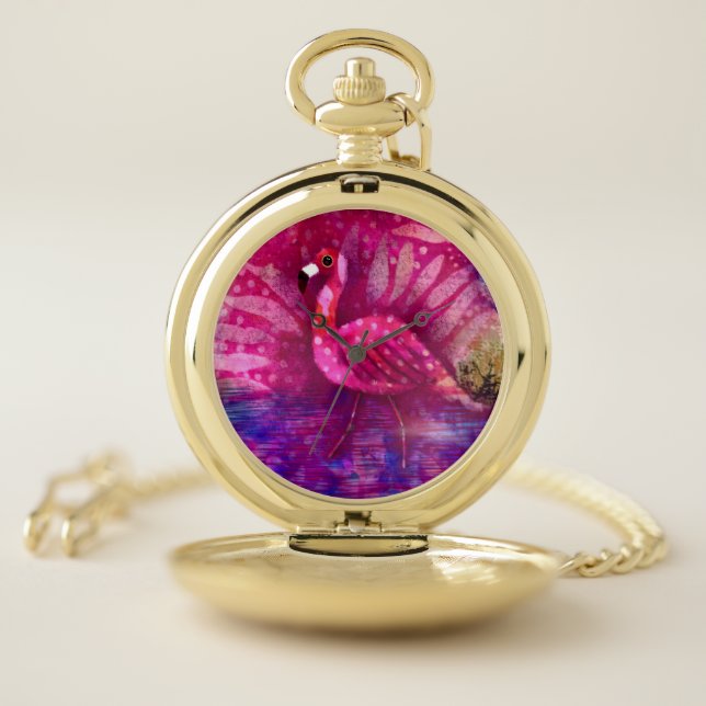 Whimsical Abstract Pink Flamingo Purple Green Pocket Watch (Inside)
