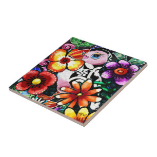 Whimsical Abstract Puffin Bird In Flowers Ceramic Tile