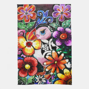 Whimsical Abstract Puffin Bird In Flowers Kitchen Towel