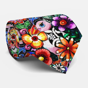 Whimsical Abstract Puffin Bird In Flowers Neck Tie