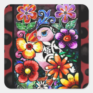 Whimsical Abstract Puffin Bird in Flowers Square Sticker