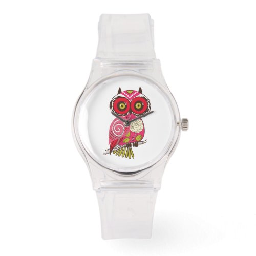Whimsical Abstract Retro Pattern Deep Pink Owl Watch