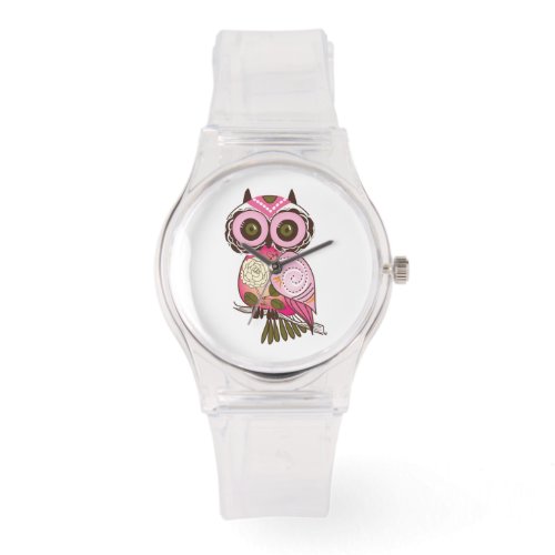 Whimsical Abstract Retro Pattern  Pink Owl Watch