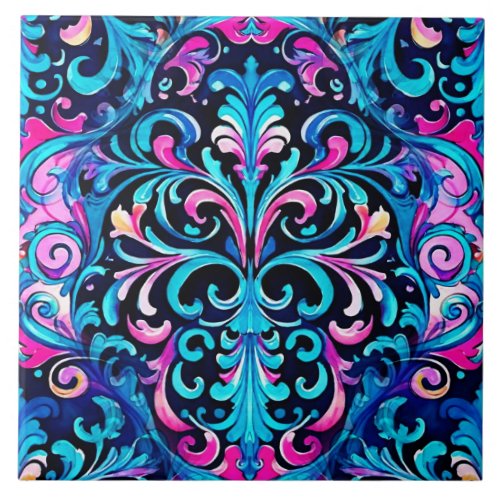 Whimsical Abstract Scrolls Pattern Pink Blue Ceramic Tile