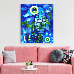 Whimsical Abstract Seahorse Blue Teal Green Floral Canvas Print