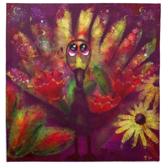 Whimsical Abstract Turkey Floral Red Yellow Cloth Napkin (Front)