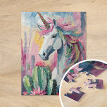 Whimsical Abstract Unicorn and Succulents Jigsaw Puzzle<br><div class="desc">A modern abstract painting featuring a whimsical unicorn surrounded by pastel-colored cacti and succulents. The unicorn, painted in flowing lines and vibrant colors, stands out against the soft tones of blush pinks, mint greens, and pale blues in the desert plants. This playful, imaginative composition combines the mystical aura of the...</div>