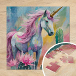 Whimsical Abstract Unicorn and Succulents Jigsaw Puzzle<br><div class="desc">A modern abstract painting featuring a whimsical unicorn surrounded by pastel-colored cacti and succulents. The unicorn, painted in flowing lines and vibrant colors, stands out against the soft tones of blush pinks, mint greens, and pale blues in the desert plants. This playful, imaginative composition combines the mystical aura of the...</div>