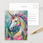 Whimsical Abstract Unicorn and Succulents Postcard<br><div class="desc">A modern abstract painting featuring a whimsical unicorn surrounded by pastel-colored cacti and succulents. The unicorn, painted in flowing lines and vibrant colors, stands out against the soft tones of blush pinks, mint greens, and pale blues in the desert plants. This playful, imaginative composition combines the mystical aura of the...</div>