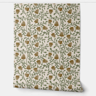 Whimsical Acorns and Leaves in Green and Brown on Wallpaper