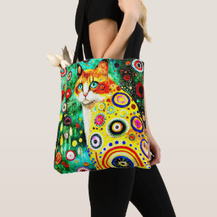 WHIMSICAL ADORABLE COLORFUL ART CAT TOTE BAG