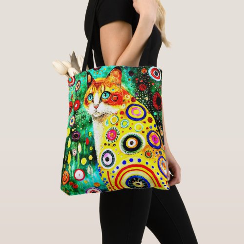 WHIMSICAL ADORABLE COLORFUL ART CAT   TOTE BAG