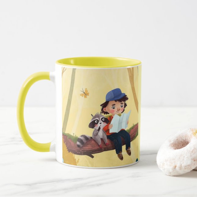 Whimsical Adventure – Boy and Raccoon in the Fores Mug (With Donut)