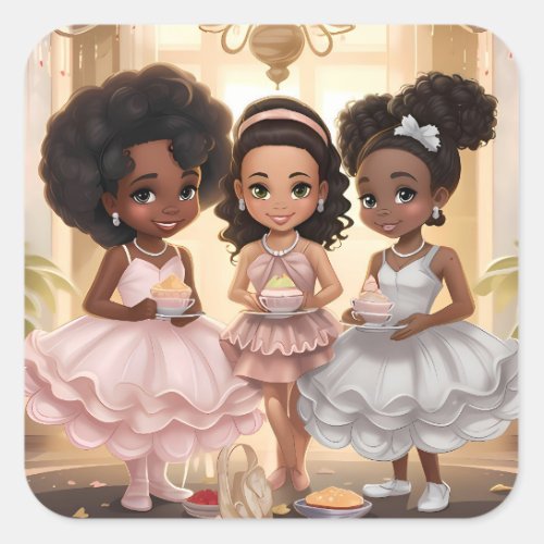 Whimsical African American Girls Tea Party Square Sticker