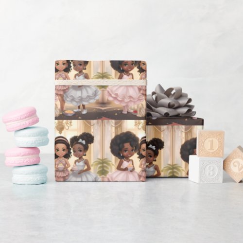 Whimsical African American Girls Tea Party Wrapping Paper
