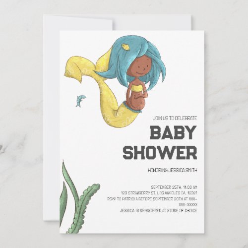 Whimsical African American Mermaid Baby Shower Invitation