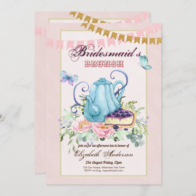 Whimsical Afternoon Tea Bridesmaids Brunch Lunch  Invitation (Front/Back)