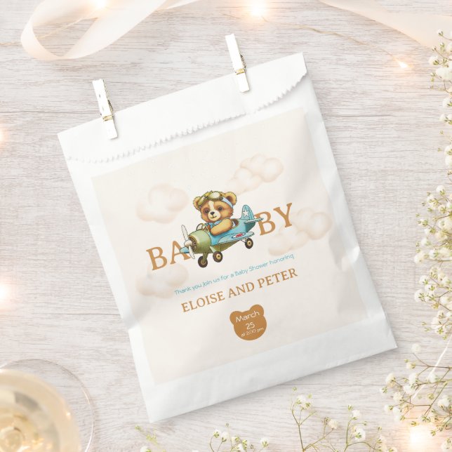 Whimsical Airplane Pilot Teddy Bear Baby Shower Favor Bag (Clipped)