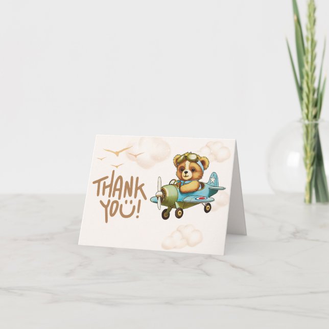 Whimsical Airplane Teddy Bear Baby shower Thank You Card (Front)