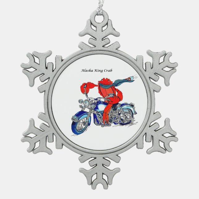 Whimsical Alaska King Crab Motorcycle Designed Snowflake Pewter Christmas Ornament (Front)