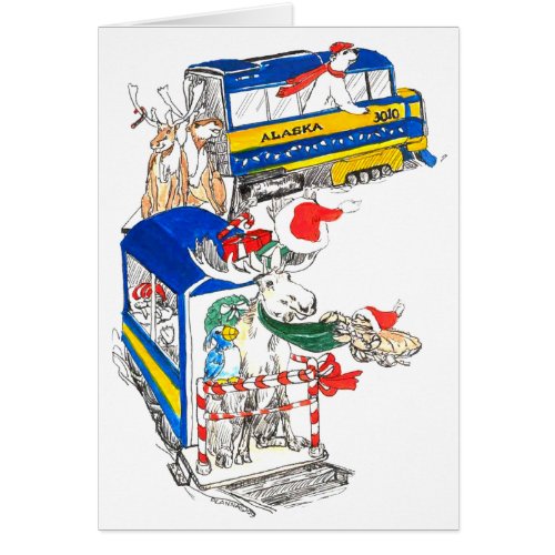 Whimsical Alaskan Train Wildlife Christmas Card