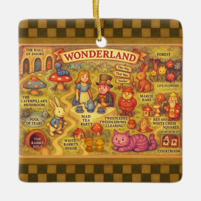 Whimsical Alice Adventures in Wonderland Map Ceramic Ornament (Front)