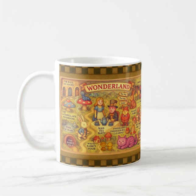 Whimsical Alice Adventures in Wonderland Map Coffee Mug (Left)