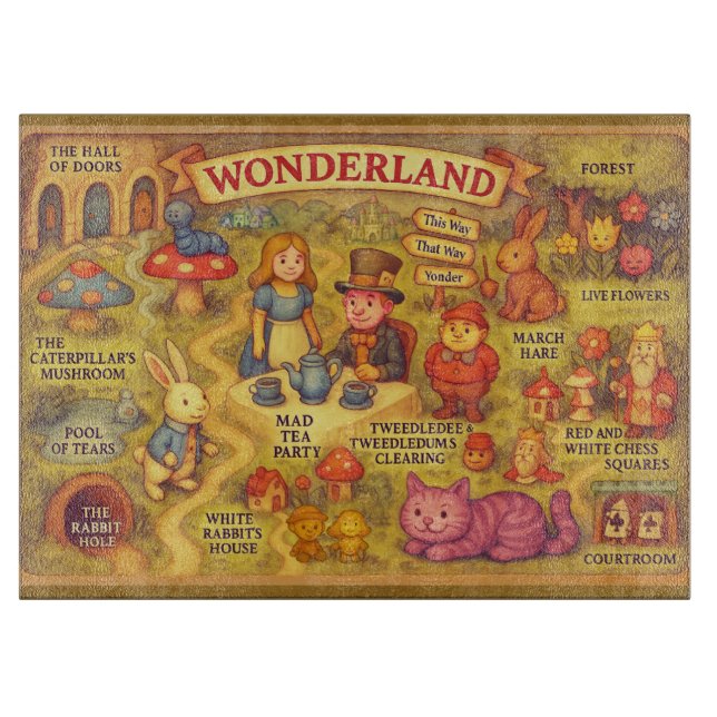 Whimsical Alice Adventures in Wonderland Map Cutting Board (Front)