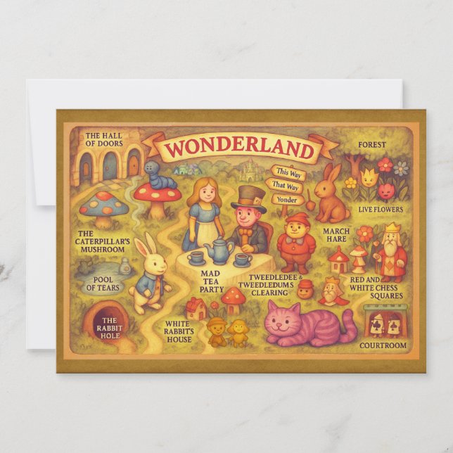Whimsical Alice Adventures in Wonderland Map Invitation (Front)