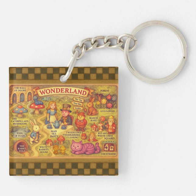 Whimsical Alice Adventures in Wonderland Map Keychain (Back)