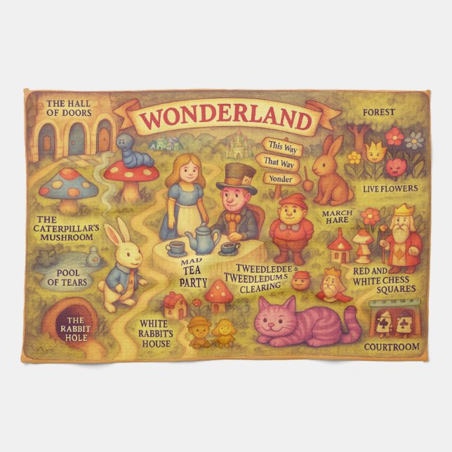 Whimsical Alice Adventures in Wonderland Map Kitchen Towel (Horizontal)