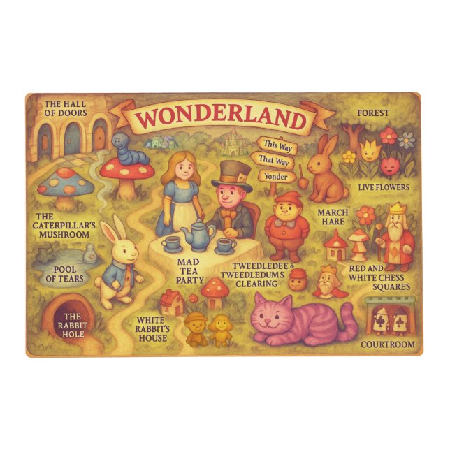 Whimsical Alice Adventures in Wonderland Map Placemat (Front)