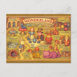 Whimsical Alice Adventures in Wonderland Map Postcard