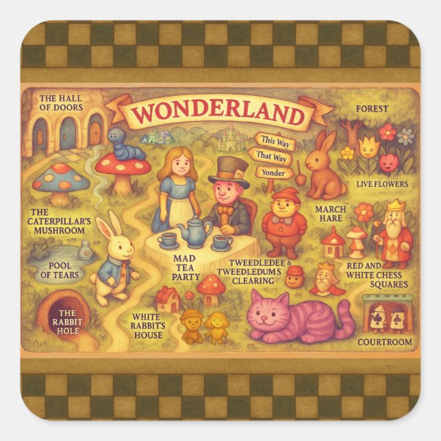 Whimsical Alice Adventures in Wonderland Map Square Sticker (Front)