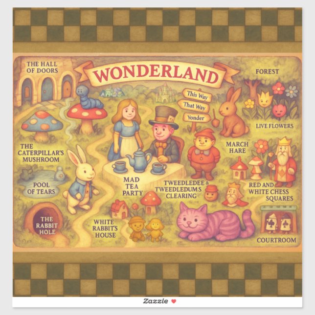 Whimsical Alice Adventures in Wonderland Map Sticker (Sheet)