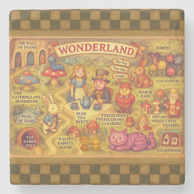 Whimsical Alice Adventures in Wonderland Map Stone Coaster (Front)