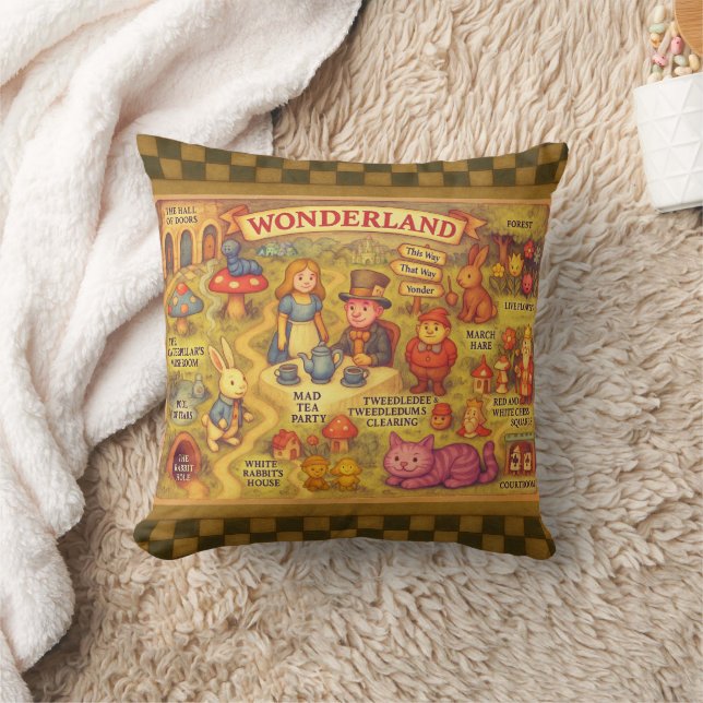 Whimsical Alice Adventures in Wonderland Map Throw Pillow (Blanket)