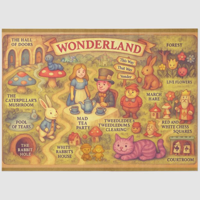 Whimsical Alice Adventures in Wonderland Map Tissue Paper (Front)