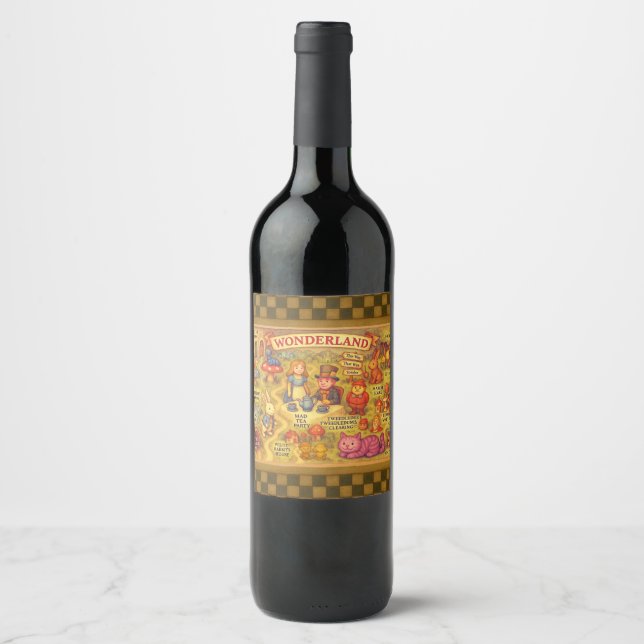 Whimsical Alice Adventures in Wonderland Map Wine Label (Front)