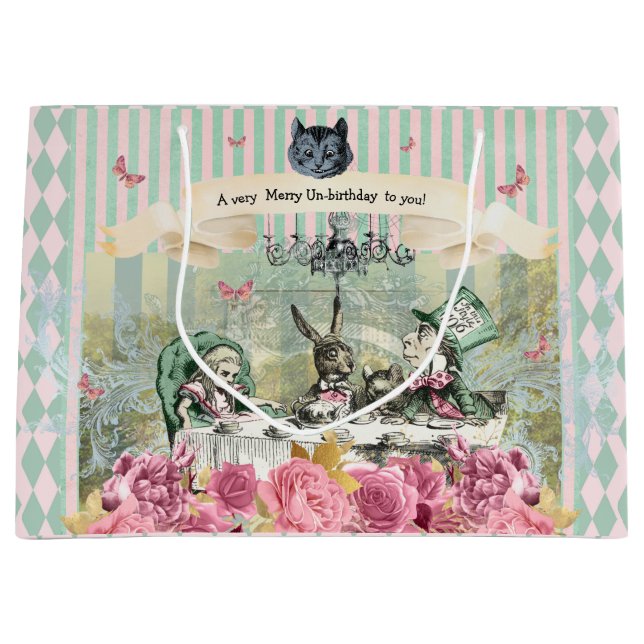 Whimsical Alice blue striped floral unbirthday  Large Gift Bag (Front)