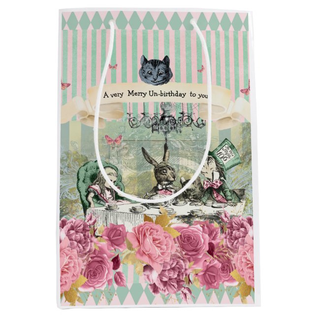 Whimsical Alice blue striped floral unbirthday Medium Gift Bag (Front)