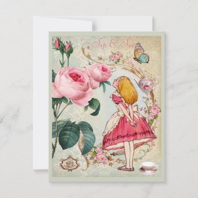 Whimsical Alice in Wonderland Collage Sip & See Invitation (Front)