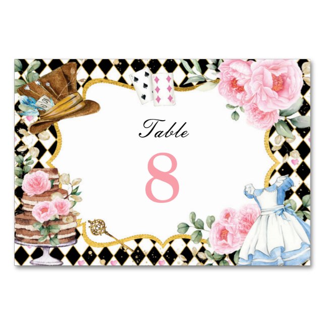 Whimsical Alice in Wonderland Mad Tea Party Table Number (Front)