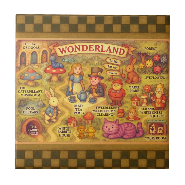 Whimsical Alice in Wonderland Map Ceramic Tile (Front)
