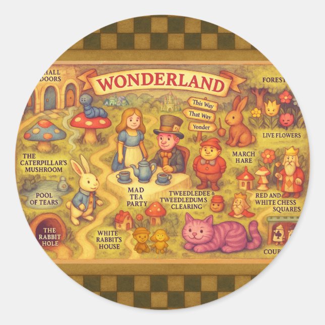 Whimsical Alice in Wonderland Map Classic Round Sticker (Front)