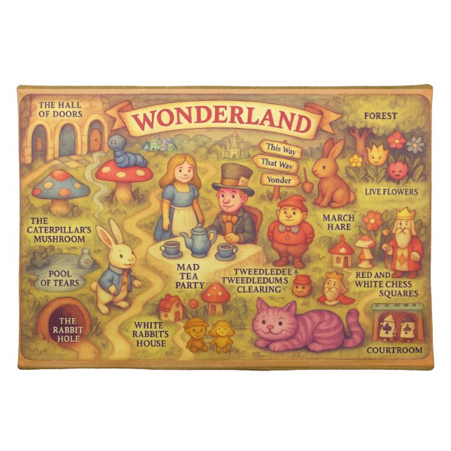 Whimsical Alice in Wonderland Map Cloth Placemat (Front)