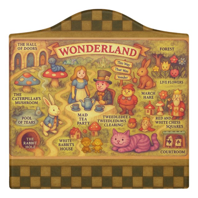 Whimsical Alice in Wonderland Map Door Sign (Large Crest Front)