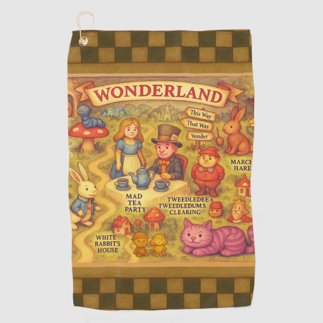 Whimsical Alice in Wonderland Map Golf Towel (Front)