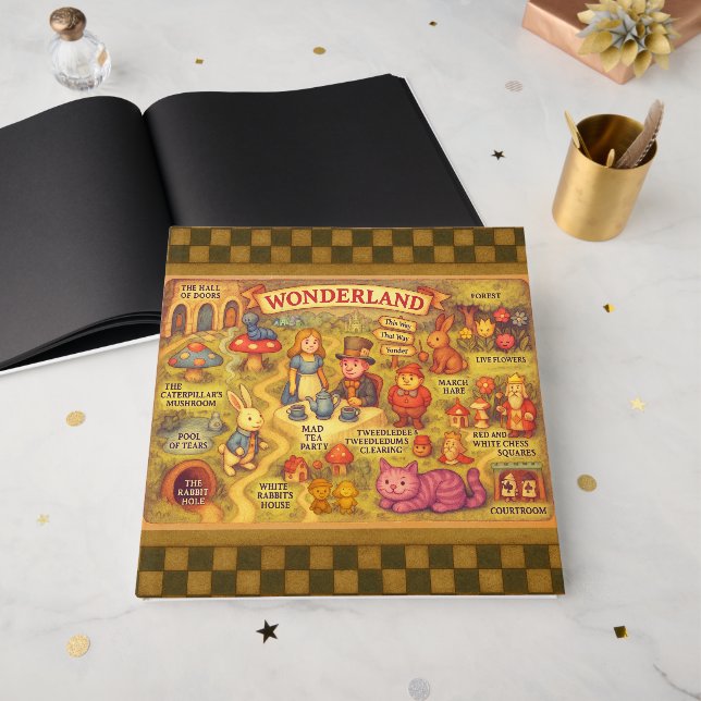 Whimsical Alice in Wonderland Map Guest Book (Front Open)