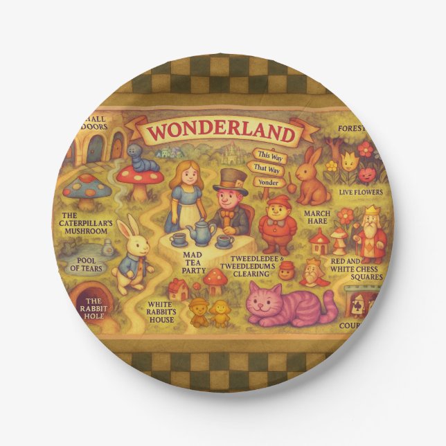 Whimsical Alice in Wonderland Map Paper Plates (Front)